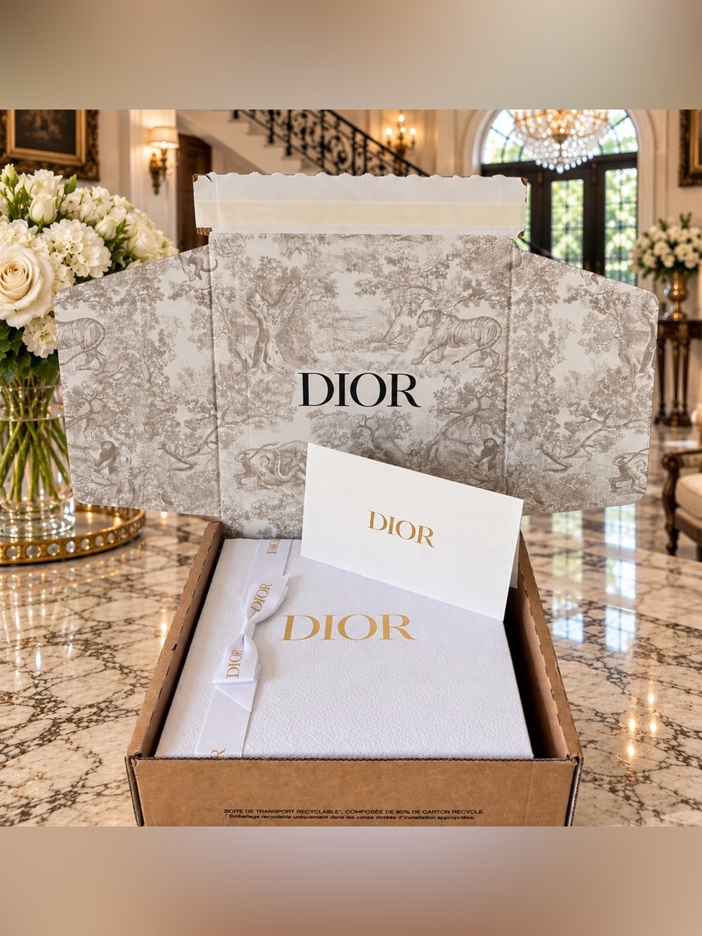 New Dior Medium Gift Box 9x9x4.5” White Textured Box Gold Logo Ribbon